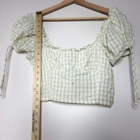 Women miss Selfridge crop top plaid boho romantic short front button green 4 - Picture 5 of 8